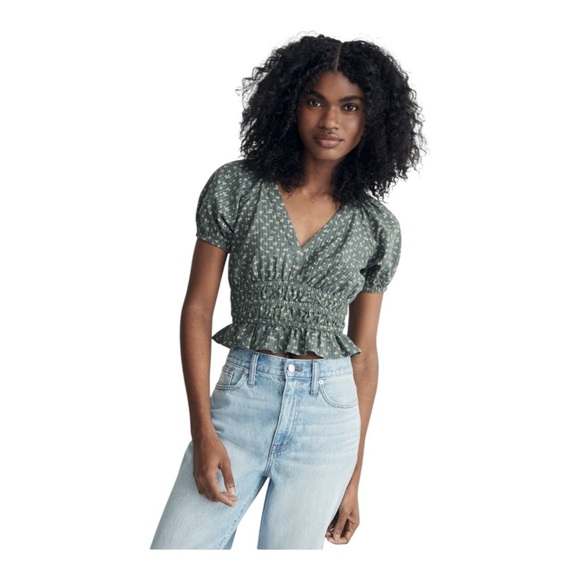 Madewell Poplin Puff-Sleeve Smocked Crop Top  Size XS - Picture 4 of 8